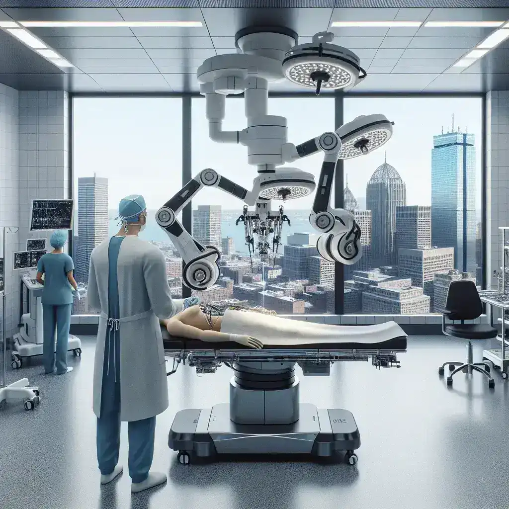 "Robotic surgical assistant performing a high-precision procedure in a Boston hospital operating room, showcasing the integration of AI technology in modern healthcare."