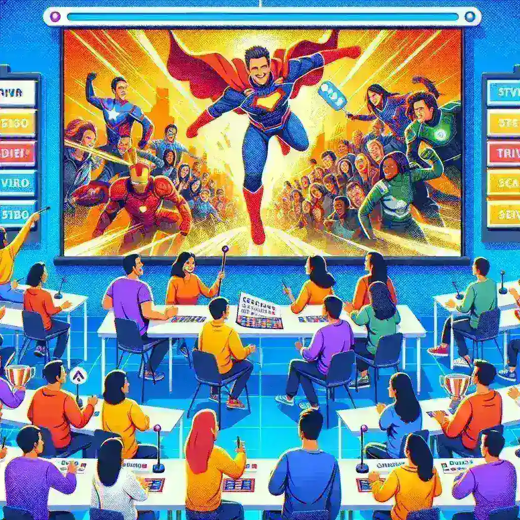 "Disney+ synchronized trivia challenge for Marvel rewatch events with colorful Marvel movie posters and interactive quiz elements displayed on a screen."