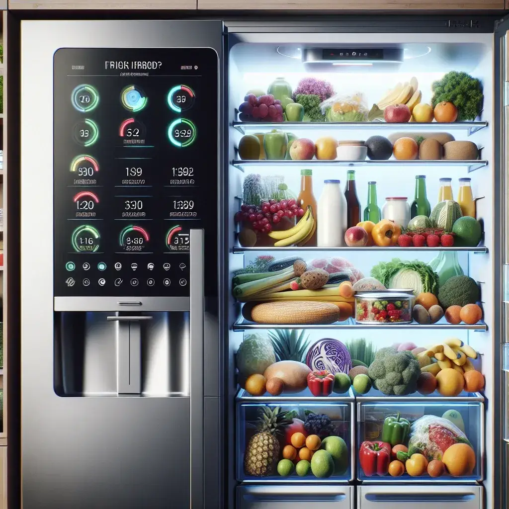 "Smart refrigerator with digital display showcasing expiration date tracking feature to minimize food waste by alerting users on food freshness."
