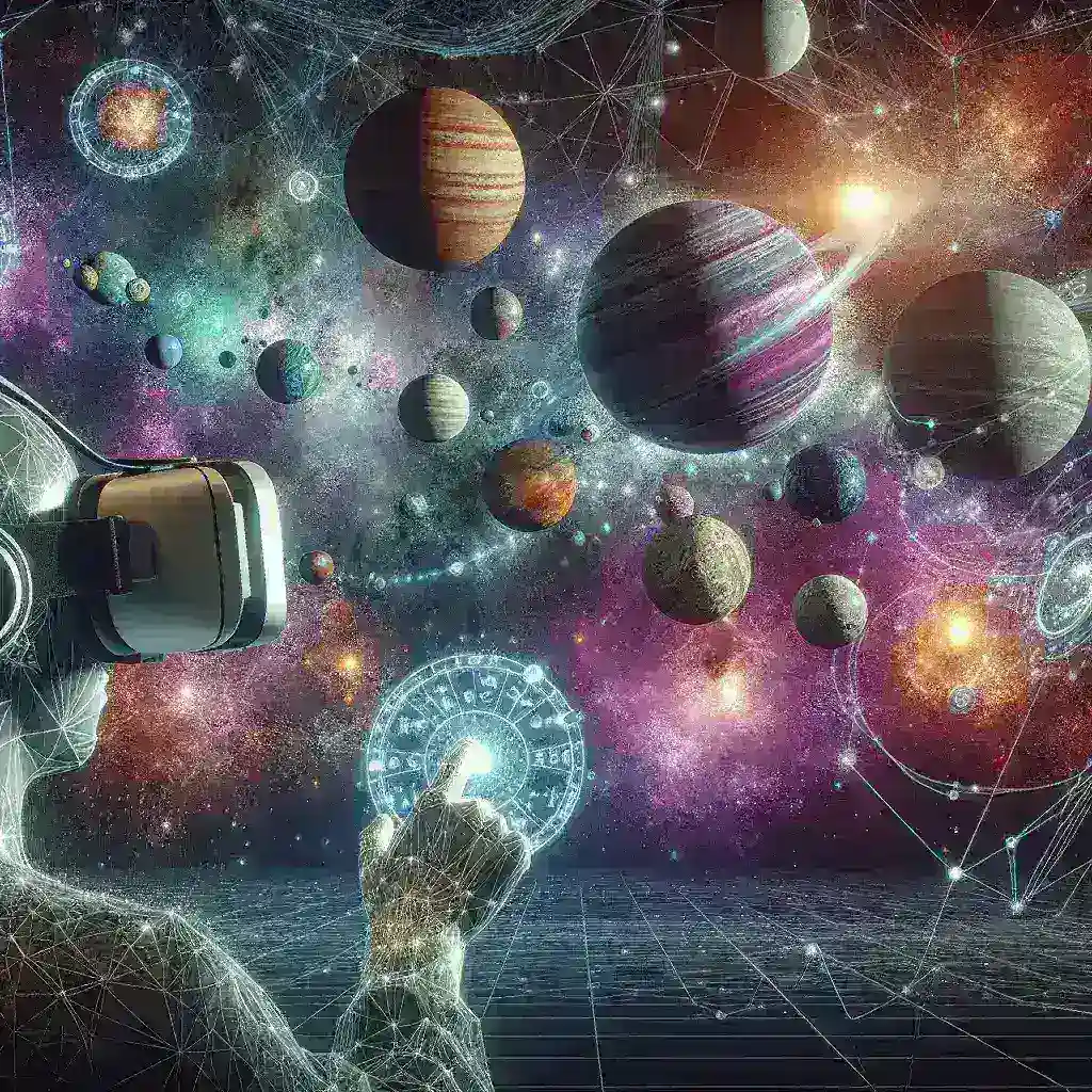 "Immersive 3D visualization of planetary alignments in an AI-powered astrology VR platform, showcasing intricate celestial designs and vibrant cosmic colors."
