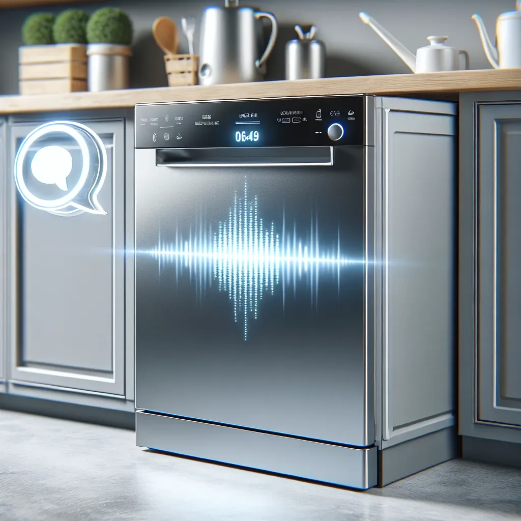 "Whirlpool Smart Dishwasher with voice control feature, showcasing a modern kitchen setting and advanced technology for hands-free cycle selection."