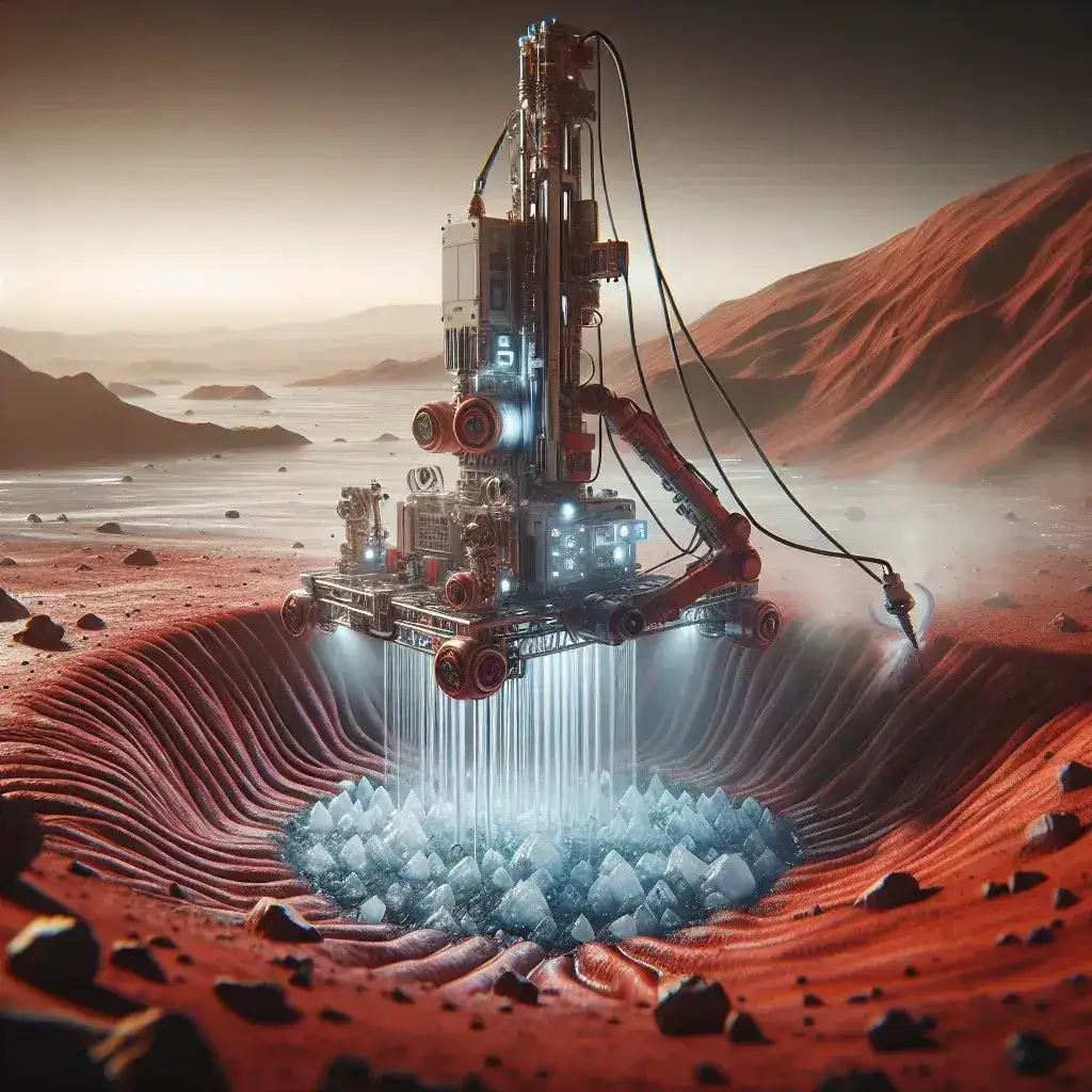 "NASA engineers conduct tests on advanced robotic drilling rigs designed to access water ice on Mars, showcasing innovative technology for future space exploration."